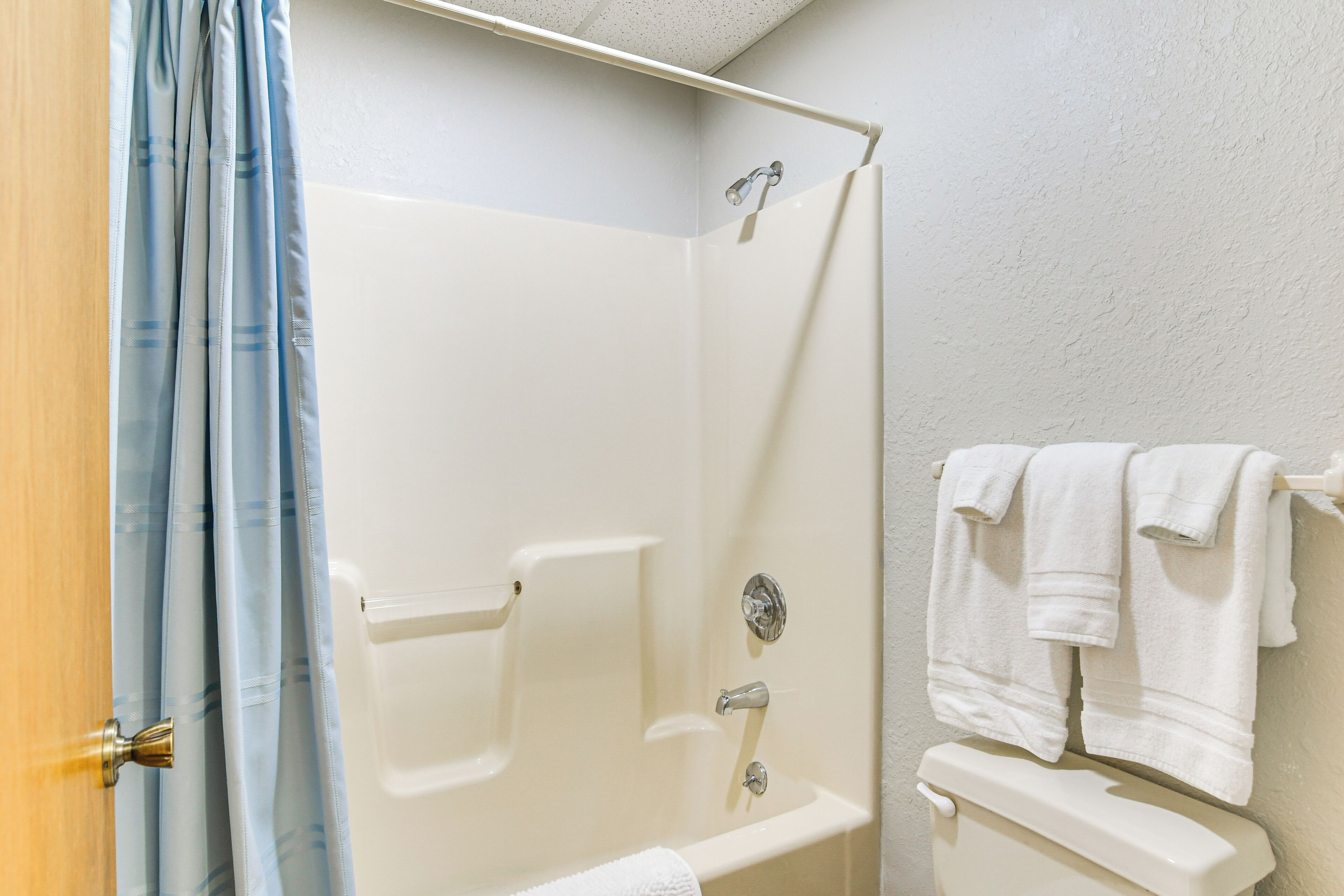 A bathroom with a shower, a toilet, and a towel rack.