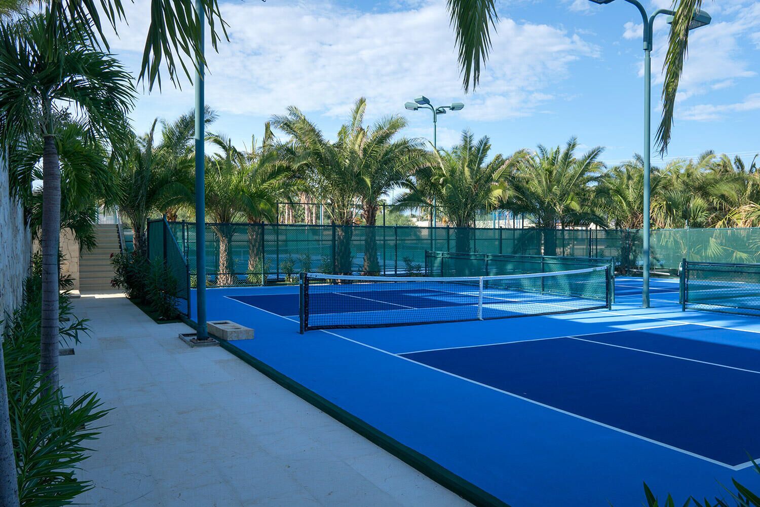 Una cancha de tenis con red, rodeada de palmeras y una cerca verde.