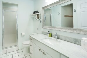 Een badkamer met een wit toilet, een wastafel met een grote spiegel en een douchegedeelte.