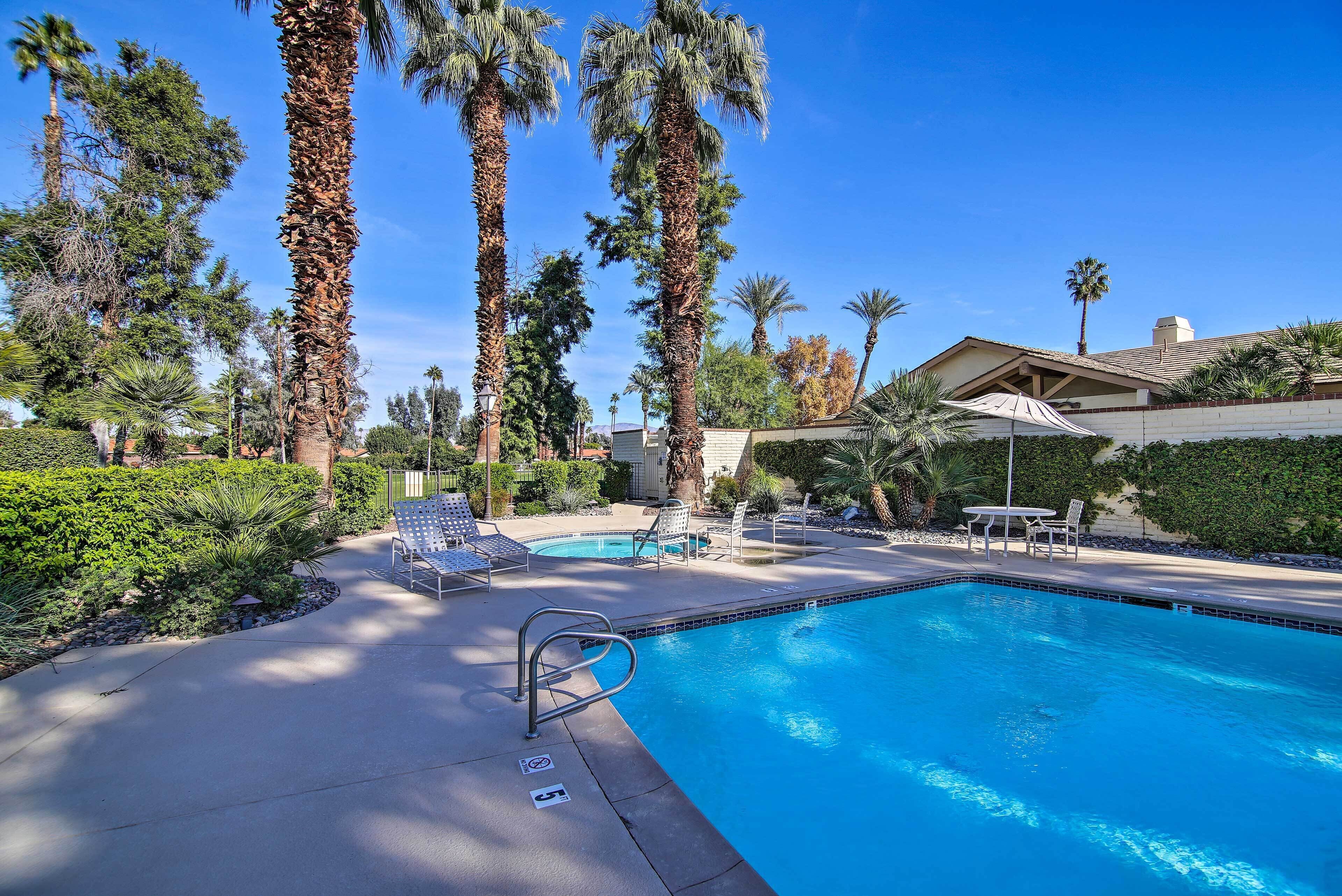 A swimming pool with lounge chairs and a small table, surrounded by palm trees and a well-maintained garden.
