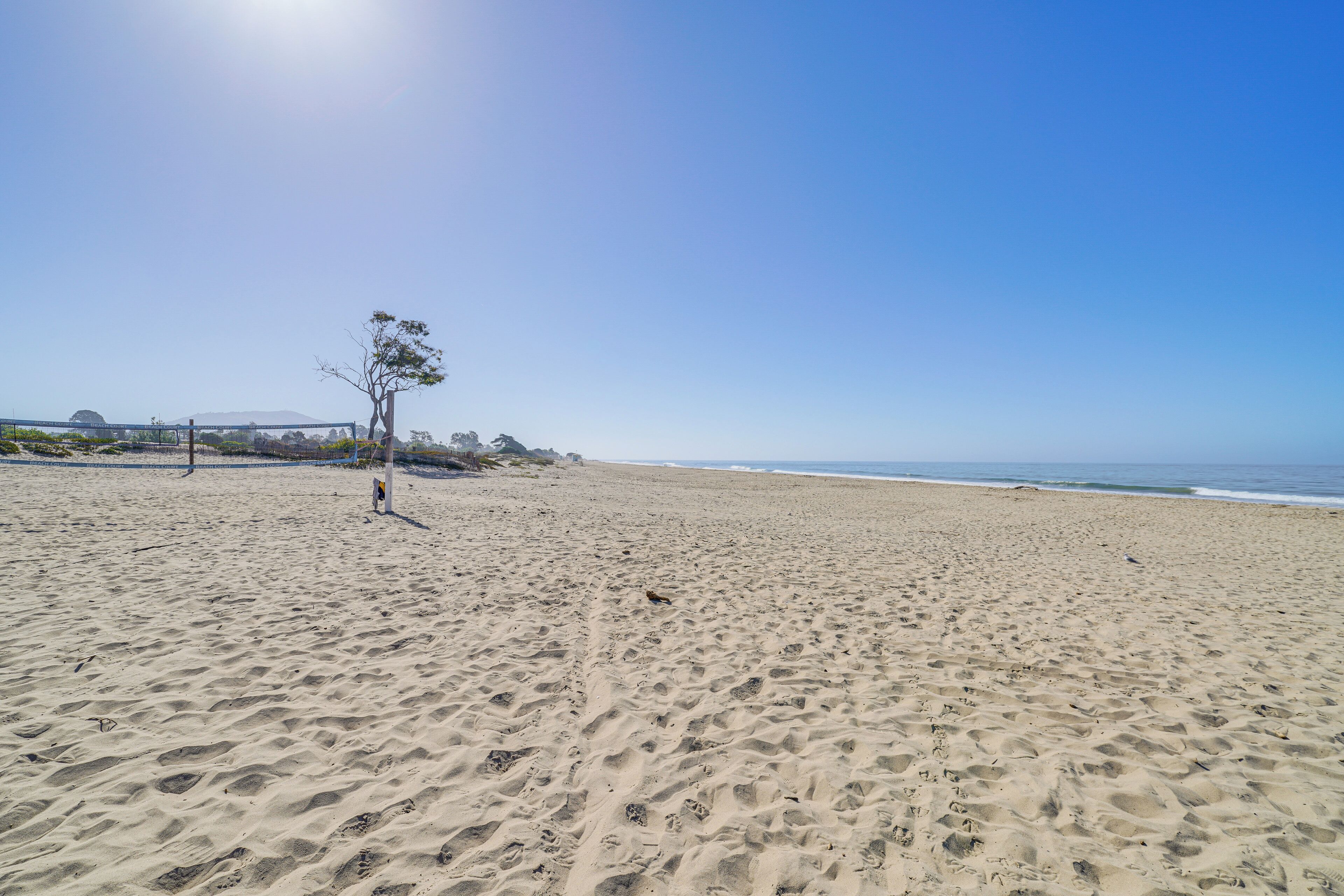 Uma praia arenosa com pegadas, uma árvore solitária e um céu azul límpido.