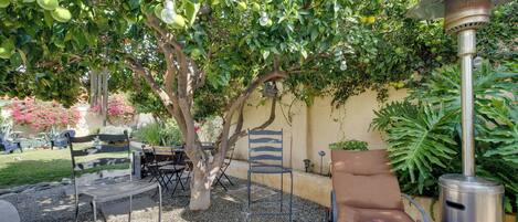 A patio with a metal chair, a table, a lounge chair, and a large tree with green fruit.