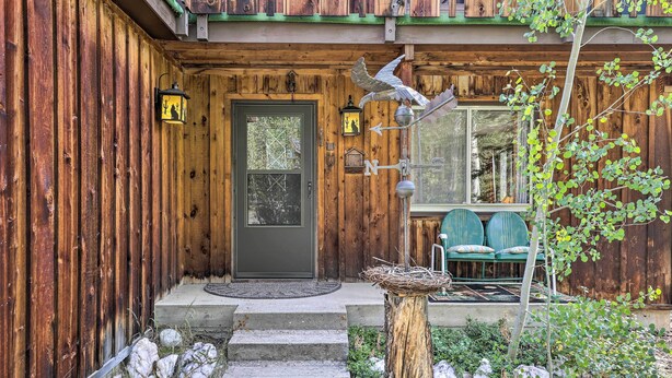 A wooden cabin with a dark door, a birdhouse on a tree stump, and a set of green chairs outside.
