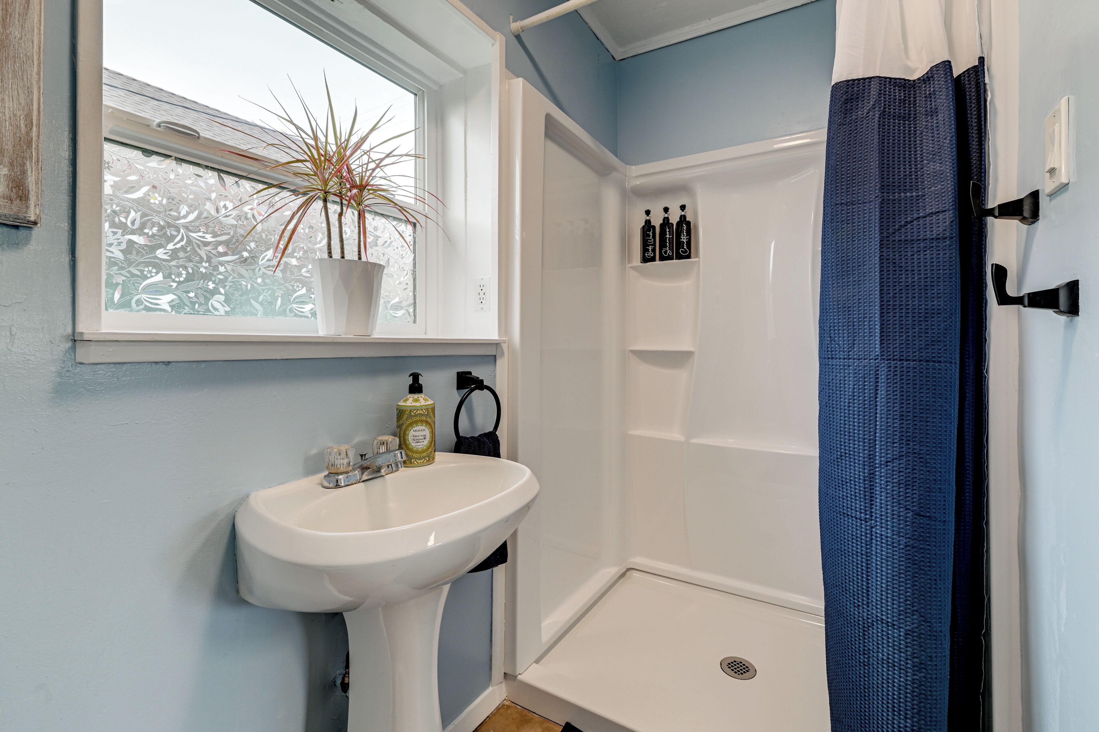 A bathroom with a white sink, a potted plant, and a shower with a blue curtain.