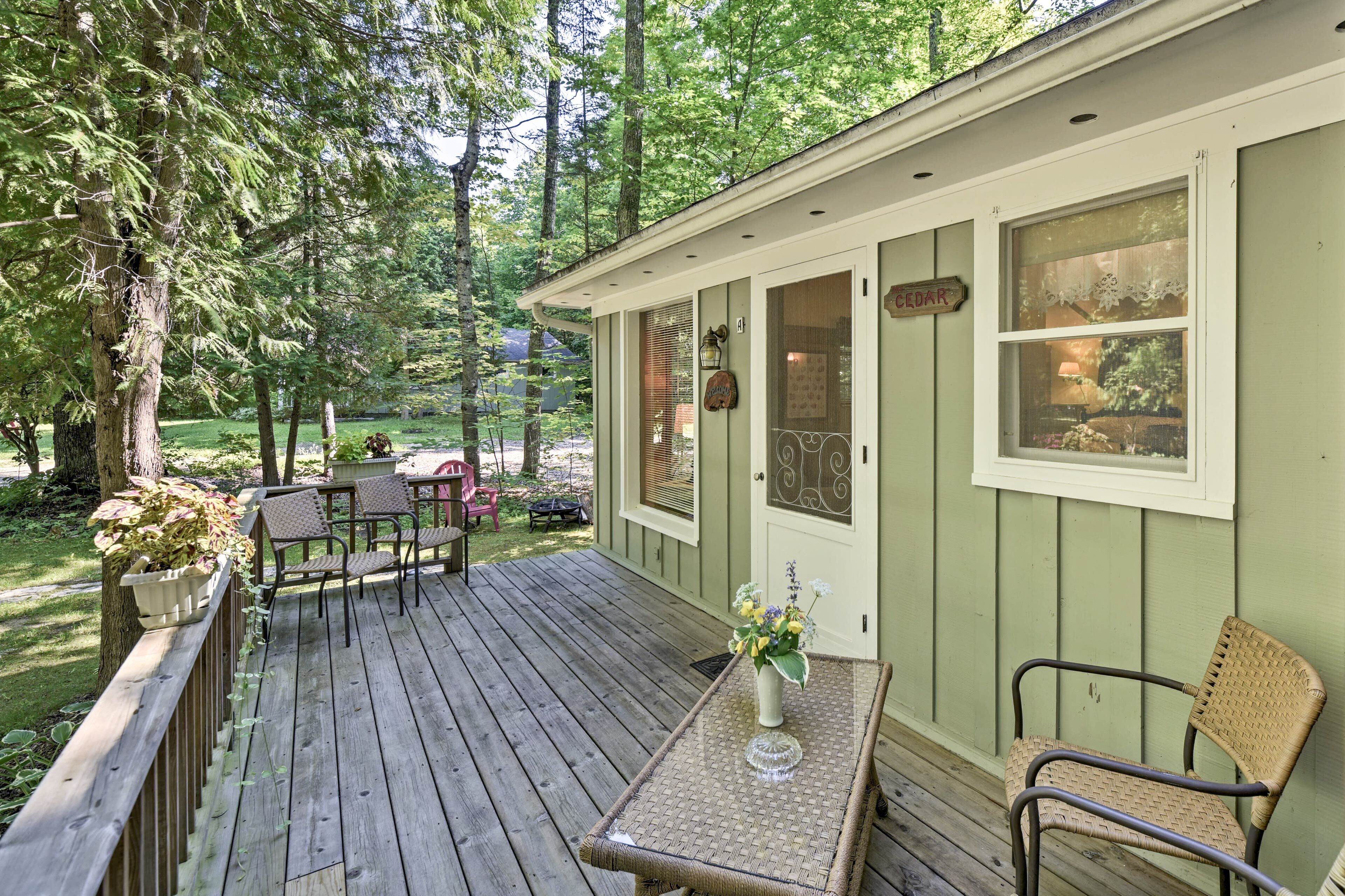 A wooden deck with a table and chairs, a potted plant, and a sign reading "Cedar."