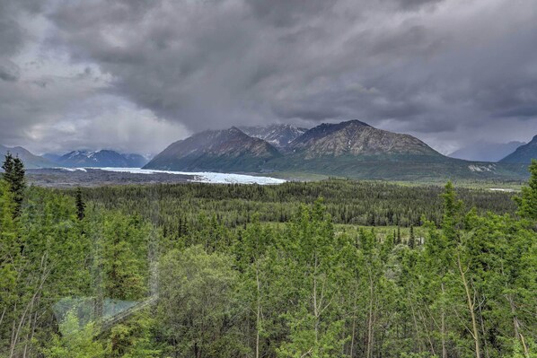 A mountainous landscape with a glacier and dense forest.