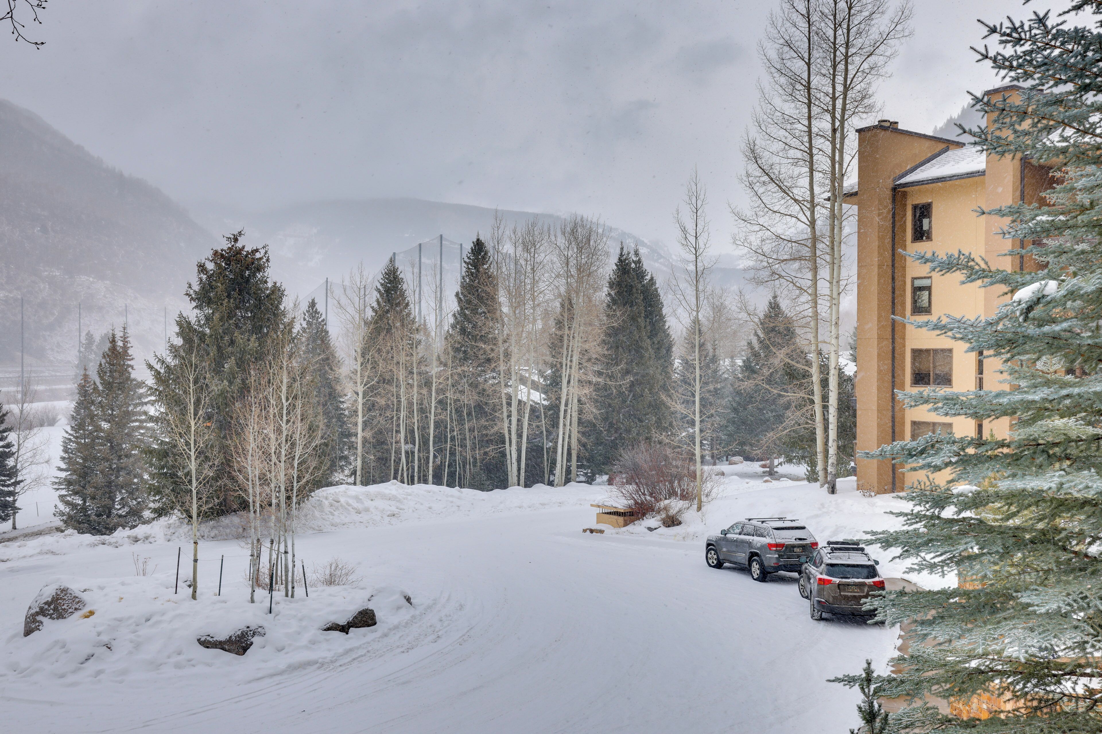 A snowy residential area with two cars parked on a snow-covered road, surrounded by trees and a building with a sloped roof.