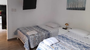 Quarto com duas camas, uma pequena mesa de cabeceira com abajur, TV na parede e um quadro.