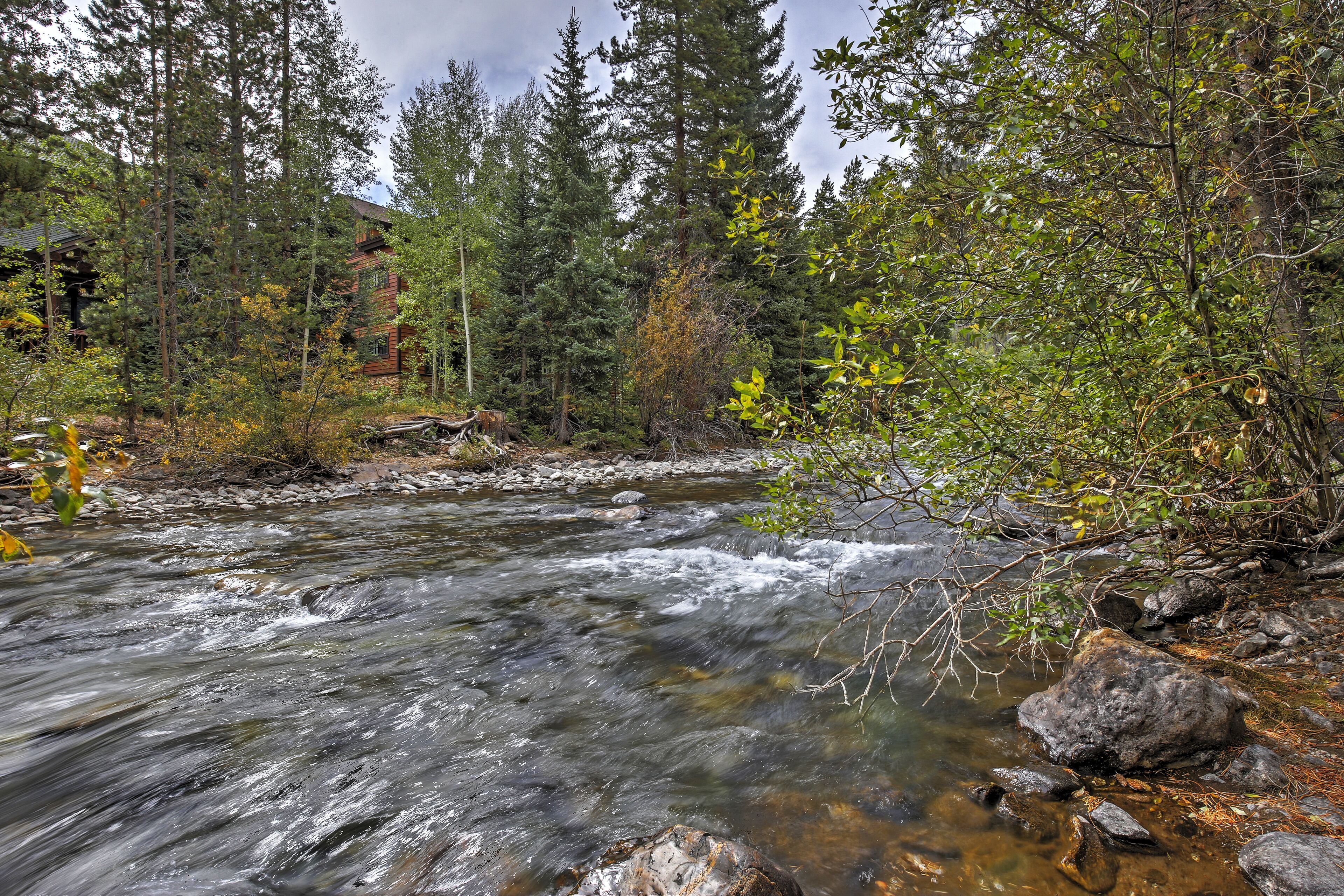 A river flowing through a forest with a cabin in the background.