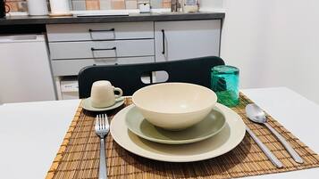 Fridge, microwave, dishwasher, coffee/tea maker