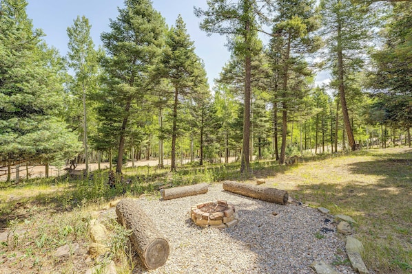 A forested campsite with a fire pit surrounded by rocks and logs. - Expansive Angel Fire Home w/ Indoor Hot Tub! (Angel Fire)