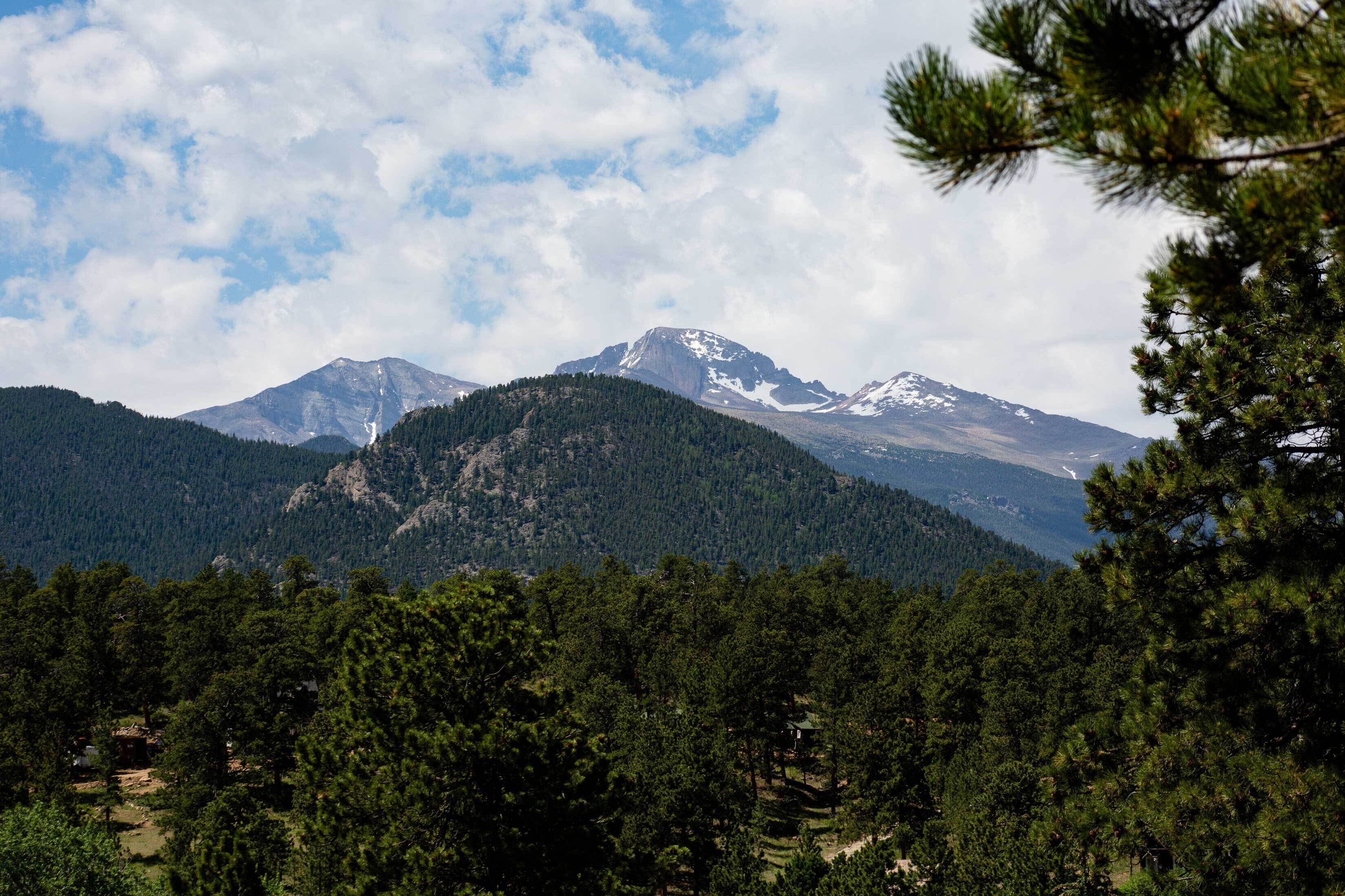Un paisaje montañoso con bosques densos y un pico destacado.
