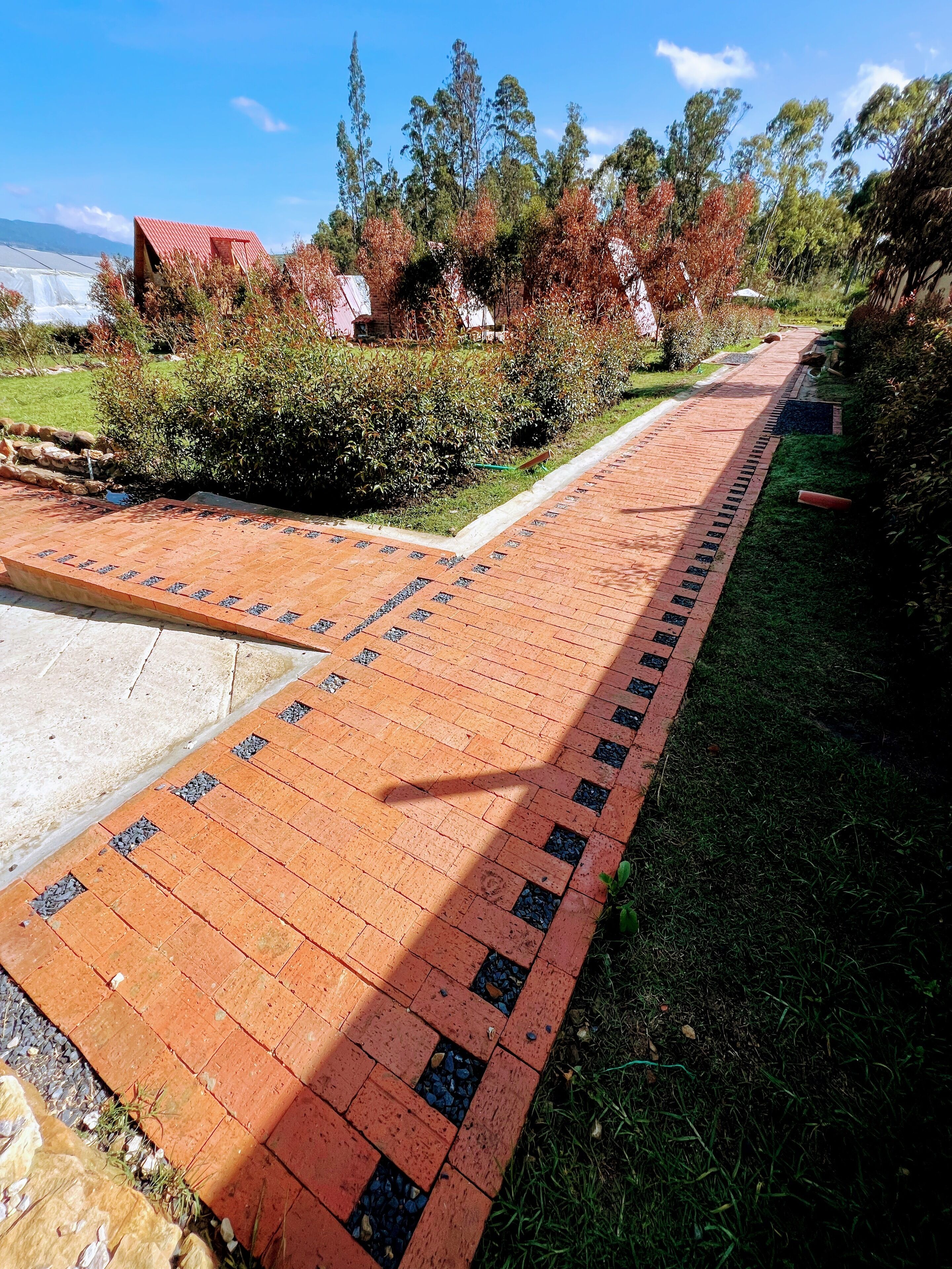 A paved pathway with a brick pattern, bordered by grass and shrubs, leading to a building with a red roof.