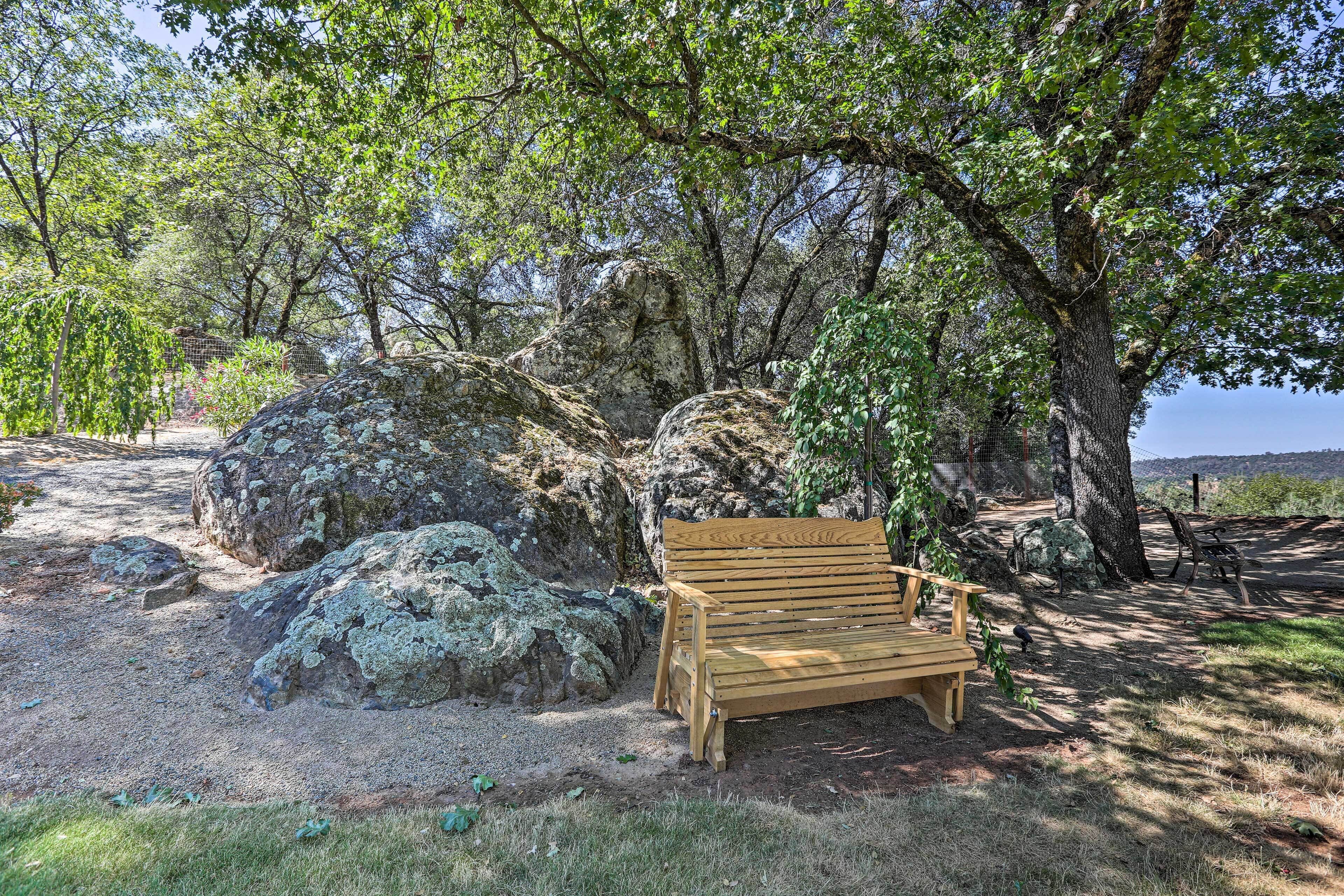Una panchina di legno in un ambiente naturale, con rocce e alberi.