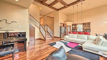 TV, fireplace, books