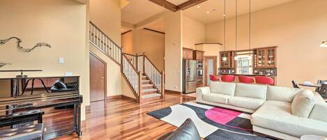TV, fireplace, books