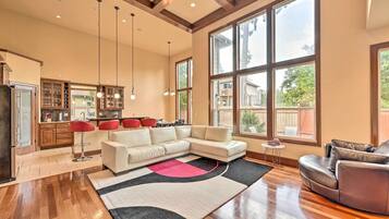 TV, fireplace, books