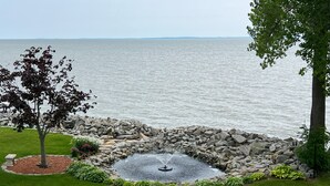 A landscaped garden with a central water feature surrounded by a stone border, a bench, and various plants.