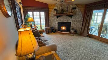 Smart TV, fireplace, books