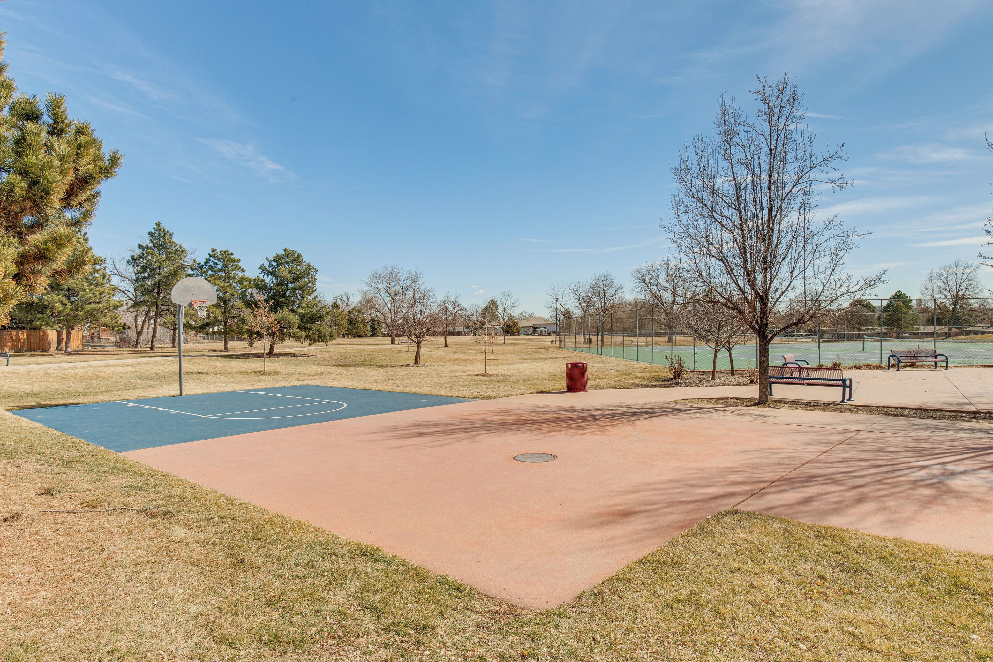 Ein Basketballplatz im Freien mit blauer und roter Oberfläche, umgeben von Bäumen und Bänken.