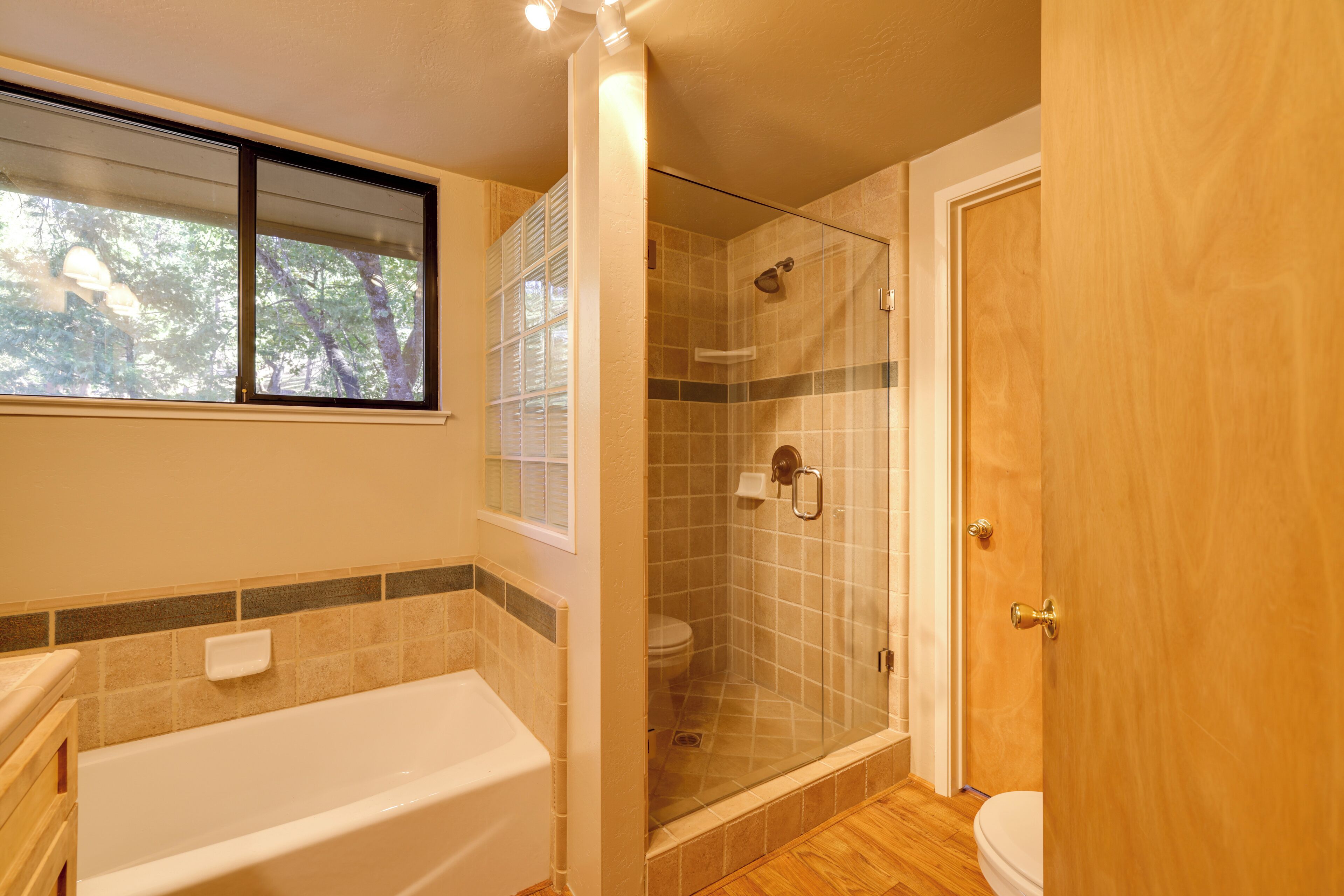 Un baño con bañera, ducha con mampara de vidrio e inodoro.