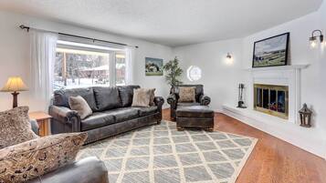 TV, fireplace, ping pong, books