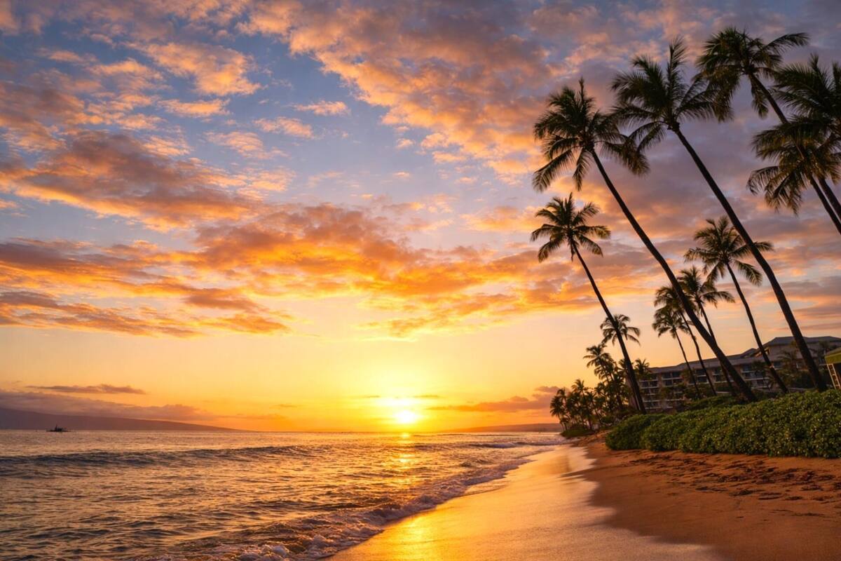 Ein Strand mit Palmen und einem Sonnenuntergang.