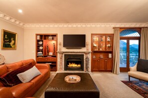 Smart TV, fireplace, books