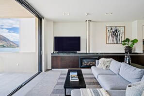 Smart TV, fireplace, books, stereo