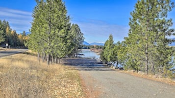 A paved road flanked by tall pine trees, leading to a body of water with a distant mountain range.