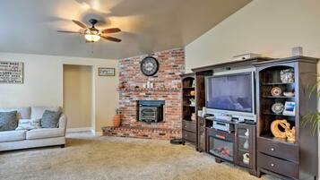 TV, fireplace, books