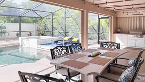 Un espace repas aménagé au bord de la piscine, avec une table et des chaises, un jacuzzi et un barbecue.