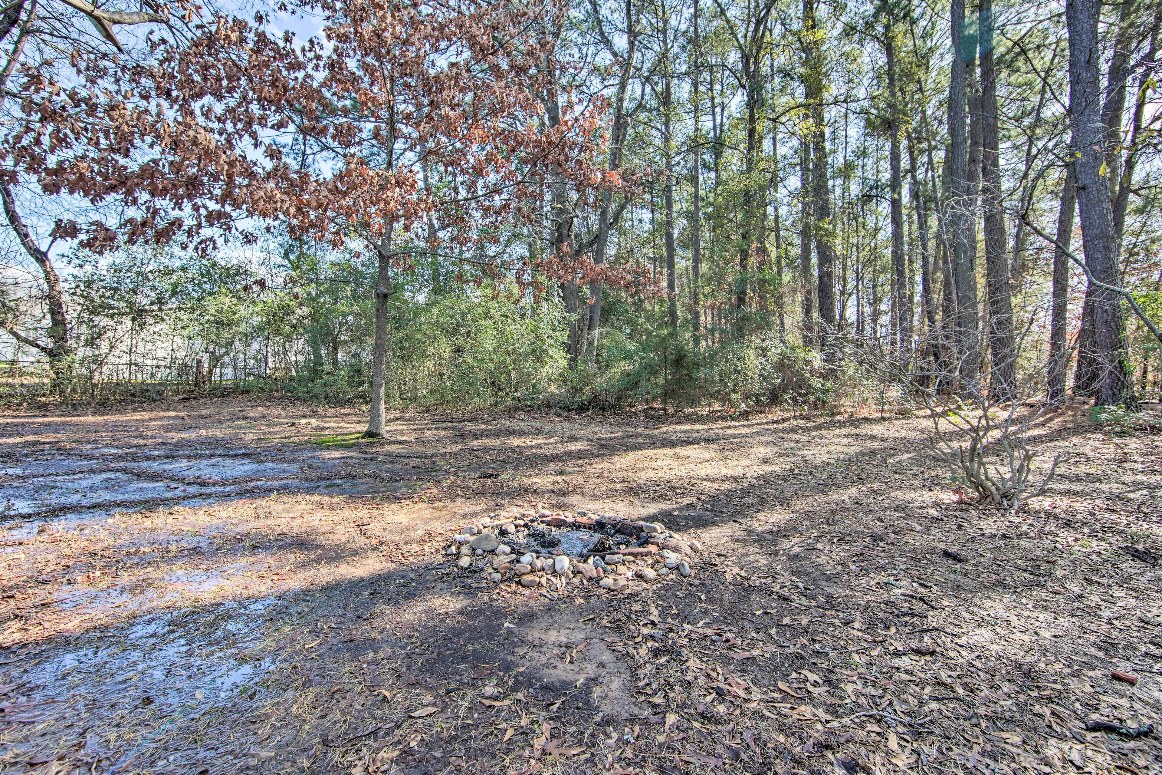 A forested area with a fire pit surrounded by rocks and dry leaves.