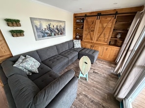 A sectional sofa with patterned pillows, a wooden floor, a painting of pelicans, and a sliding barn door closet.