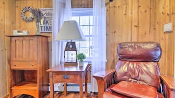 TV, fireplace, books