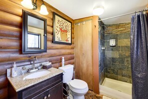 A bathroom with a wooden wall, a sink with a mirror, a toilet, and a shower with a stone wall. - Cute Eureka Springs Vacation Rental With Fire Pit! (Eureka Springs)