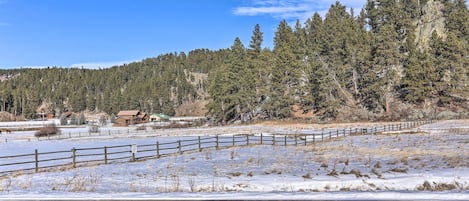 A snow-covered landscape with a wooden fence, a road, and a forest in the background.