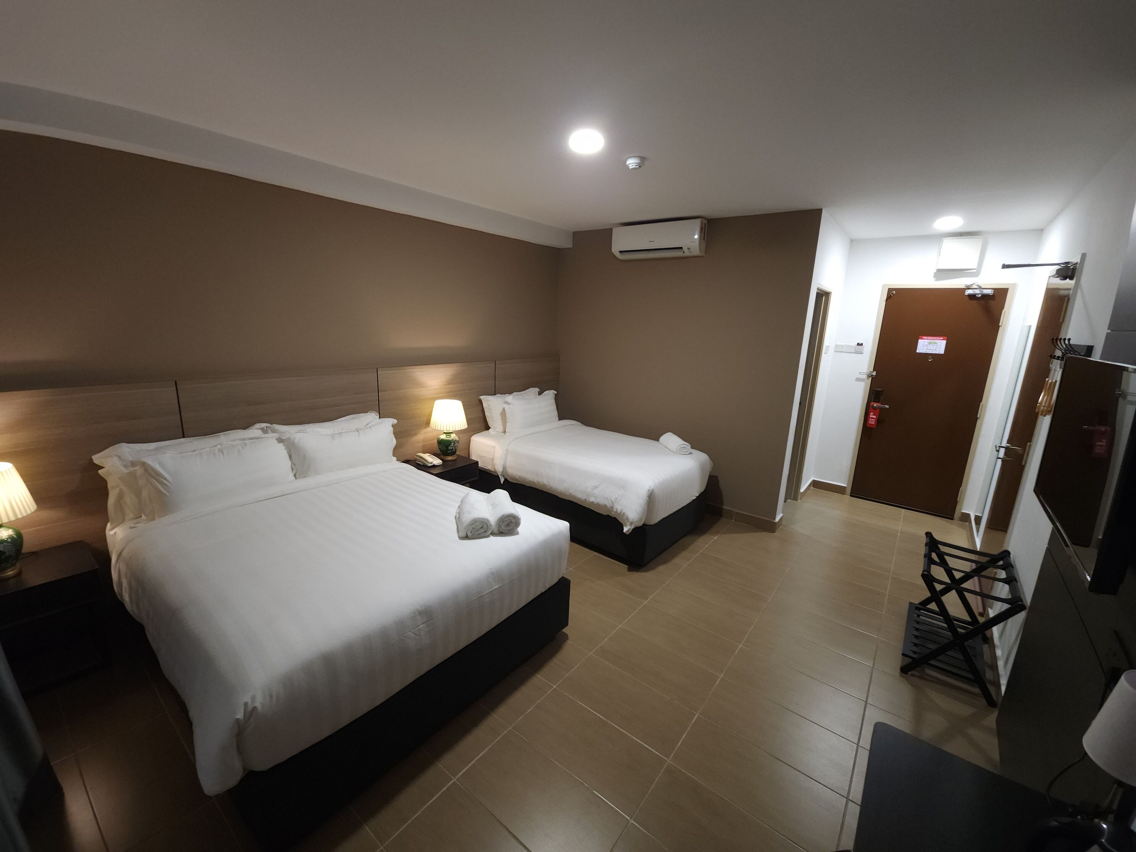 Pillow-top beds, desk, laptop workspace, blackout curtains