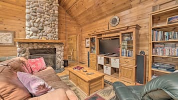 TV, fireplace, books