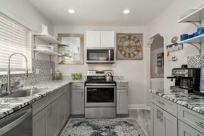 Fridge, microwave, coffee/tea maker, blender