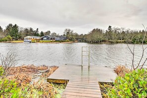 A wooden dock extending into a calm lake with a house in the background.