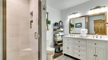 A modern bathroom with a walk-in shower, a toilet, and a vanity with a large mirror.