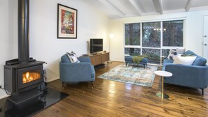 A living room with a wood-burning stove, two sofas, a TV, and a large window with a view of trees.