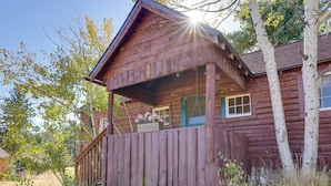Une cabane en bois rustique, dotée d’un porche et entourée d’arbres et d’herbe sèche.