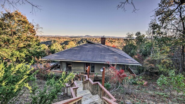 A wooden staircase leading to a house surrounded by trees. - Home With Wraparound Deck + Blue Ridge Mtn Views! (Radford)