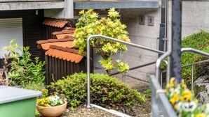 A courtyard with a tiled roof, potted plants, and a metal railing.