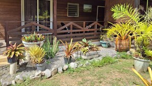 A wooden house with a porch, potted plants, and a gravel pathway. - Island colors (REMIRE MONTJOLY)