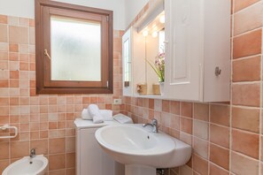Een douche, een haardroger, een bidet, handdoeken