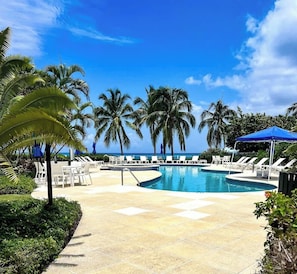 A pool area with lounge chairs and umbrellas, surrounded by palm trees and a clear sky.