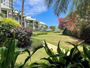 Un hôtel doté d’un jardin bien entretenu, de palmiers et offrant une vue sur un ciel dégagé.
